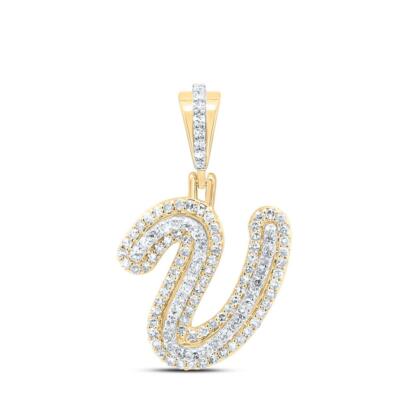 10K Yellow Gold Genuine Diamond Women's Cursive Font Initial V Pendant 3/8 CT