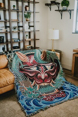 Oni Mask Throw Blanket / 62 by 84 Inch / Cozy Cotton Delight for Queen Sized Bed