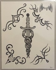 Tattoo Flash Single Sheet Print by Angel Flash Snakes Daggers Tribal 11 X 14