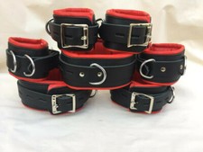 GENUINE COW LEATHER 7 PIECE HEAVY DUTY PADDED BONDAGE RESTRAINT SET IN RED BLACk