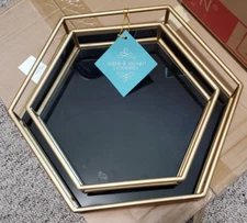 Kate and Laurel Felicia Glam 2-Piece Nesting Metal Black Mirrored Trays, Gold D7