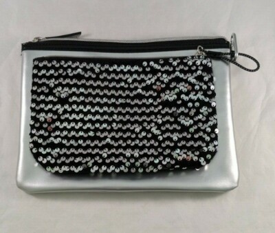 Kendall & Kylie Pouches Makeup Bags Black & Silver 2 Piece Gift Set New