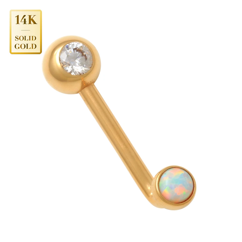 Bola redonda de oro macizo de 14K con circonita cúbica en forma de L barra vaginal Venus genital 14G Foto 4 de 4