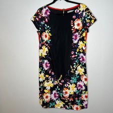 Eliza J Shift Mini Dress Black Floral Back Gold Zip Short Sleeve Sz 8