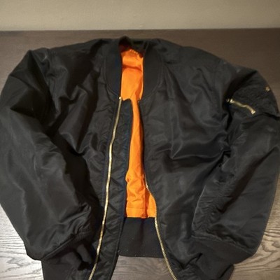Alpha Industries Black Bomber Jacket Orange Lining Nylon Full Zip Short Size XL
