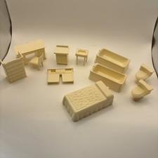 Vtg 1950's MARX Dollhouse Plastic Furniture 11 pcs Bathroom Bedroom Ivory White