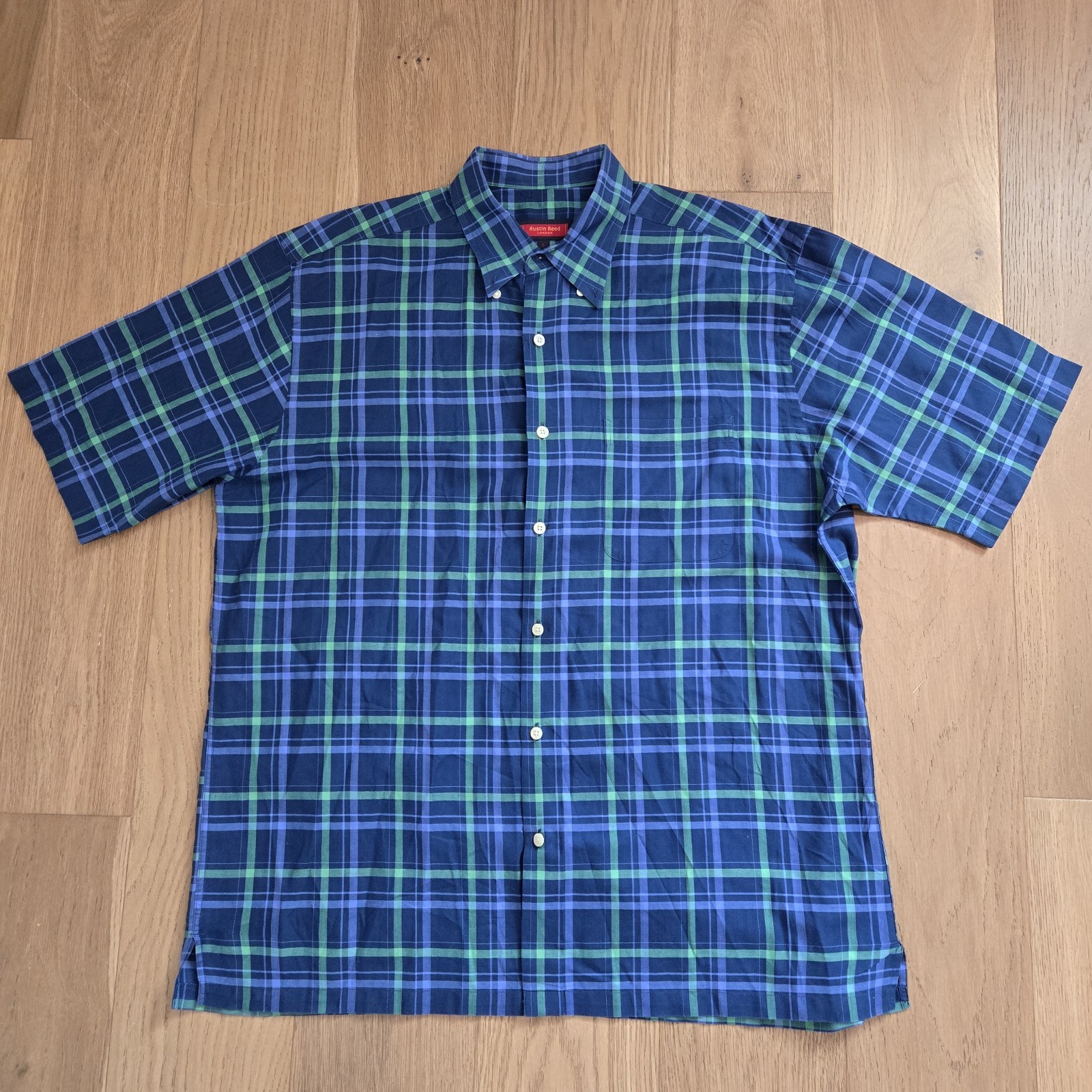 Austin Reed Men's Short Sleeve Plaid Button-Down Shirt Blue Green Cotton L