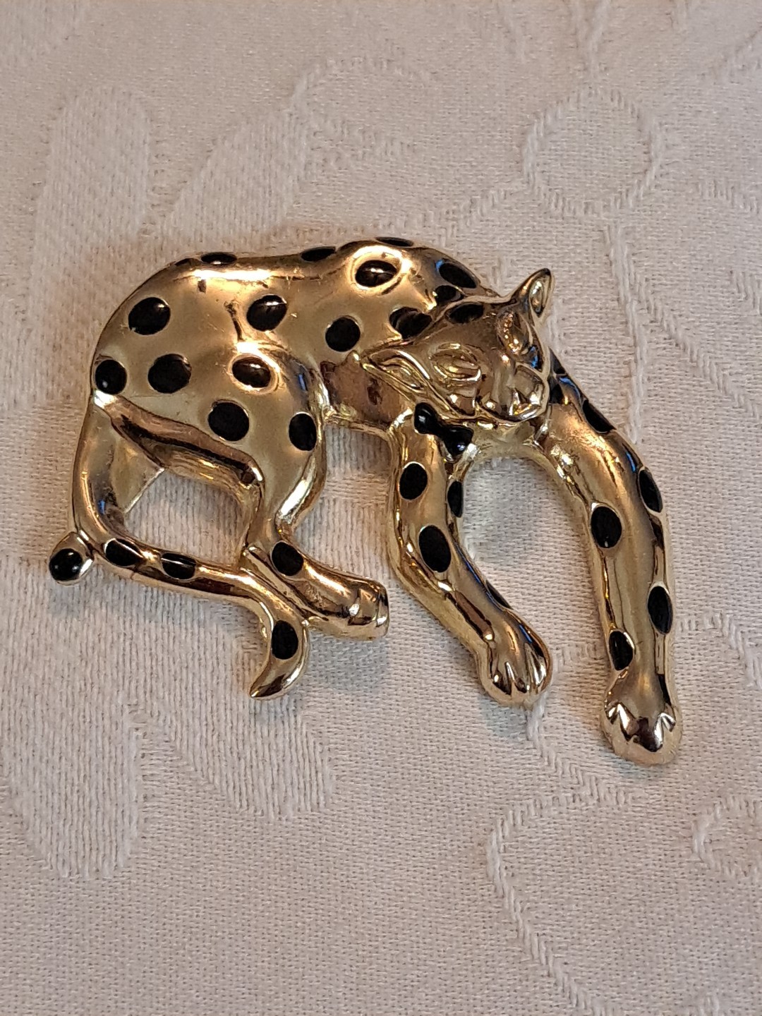 Vintage Gold-Tone Black Enamel Spots Leopard Brooch Pin