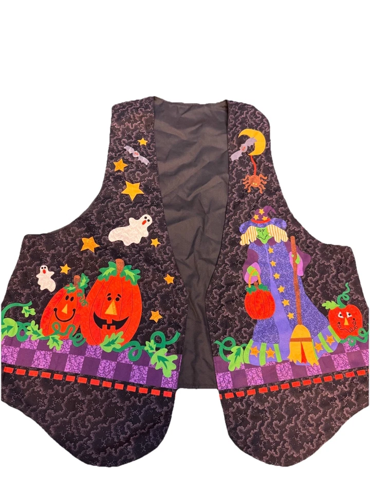 Vintage Handmade Halloween Vest Open Front- Spooky Ghosts Witch Haunted L-2X Sz - Image 2 of 4