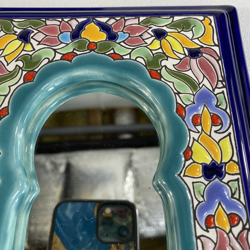 Espejo de arco de cerámica marroquí colorido pintado a mano marco de azulejos decoración de pared boho Foto 4 de 4