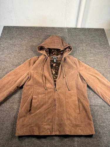 Denim & Co. Suede Hooded Jacket Size Medium Brown Genuine Leather - product listing photo