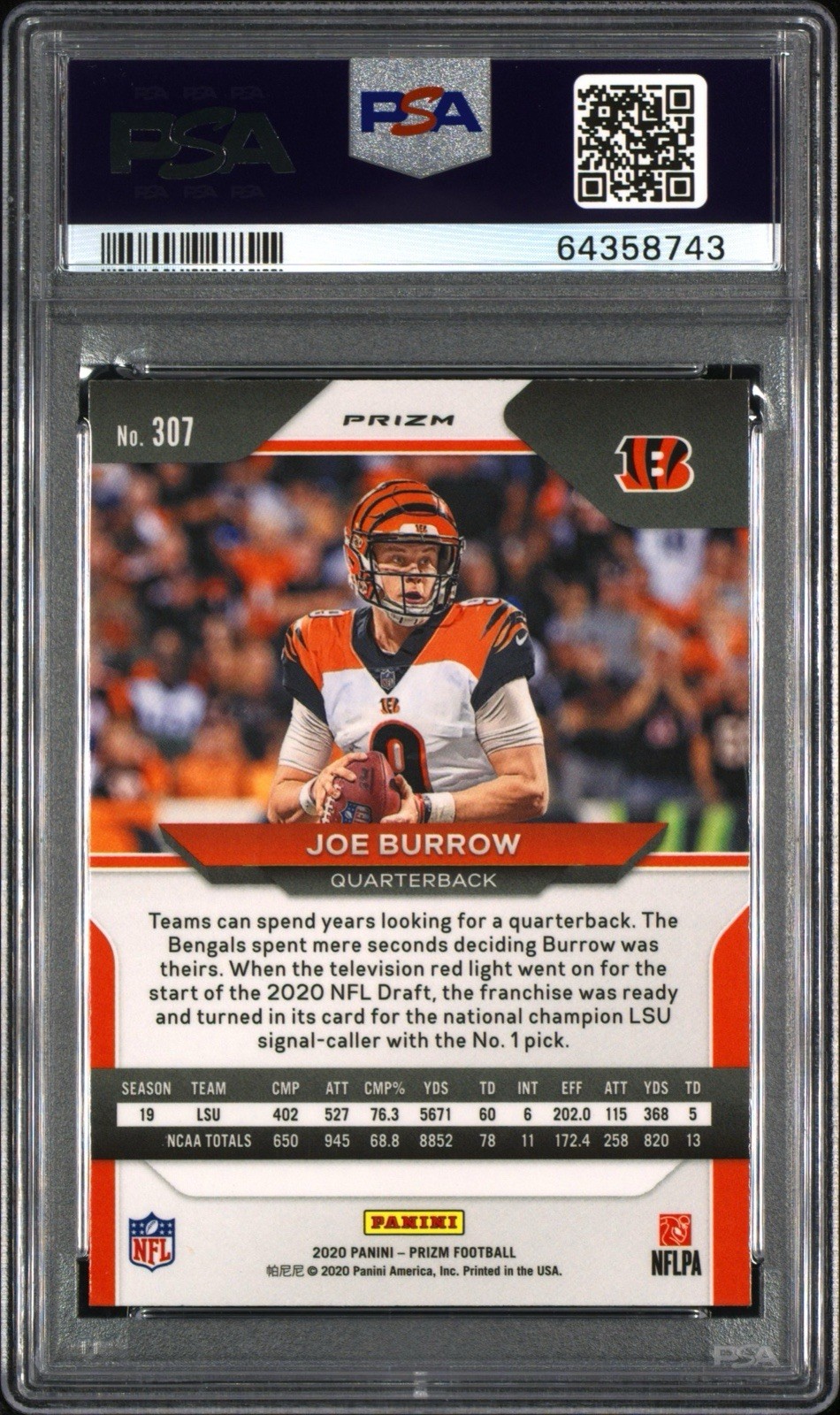 2020 Panini Prizm Joe Burrow RC Lazer Rookie #307 Bengals PSA 9 view 2