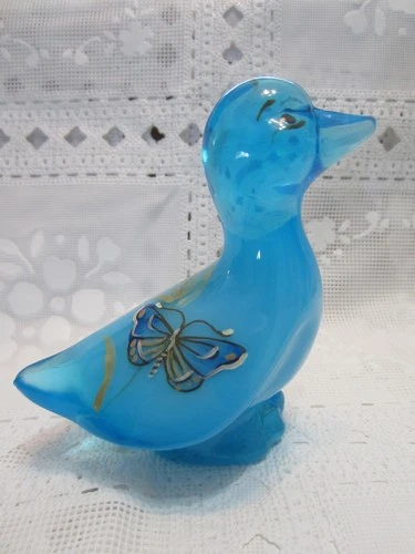 Fenton Art Glass Duckling Figurine Light Blue with Butterfly, 3-1/2”