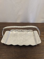 VTG Hand  Wrought Hammered Aluminum Embossed Floral Scalloped Edge Handle Tray 