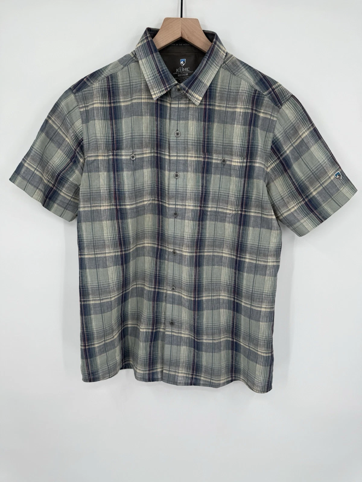 Kuhl Eluxur Shirt Mens Medium Plaid Short Sleeve Button Up Linen Cotton Blend