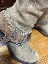 John Fluevog Luna Knee High Brown Leather Biker Boots Buckle Zip Harness Strap