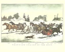 1952 Currier & Ives Lithograph "Trotting Cracks" On The Snow