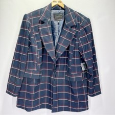 Eloquii Size 18 Long Strong Shoulder Blazer Navy Plaid Suit Jacket One Button