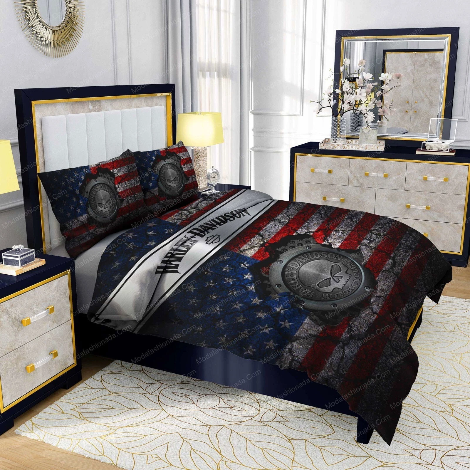 Vintage H-H Davidson American Flag Bedding Set