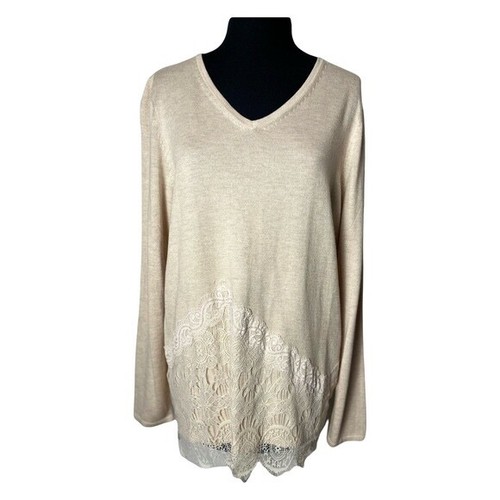 Chico’s NWT Beige Heather Hilary Lace V-Neck Pullover Sweater, Size 2 (Large)