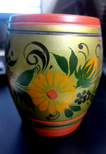 A Large Vintage Wooden Cup with Hand-Painted Colorful Floral Designs
