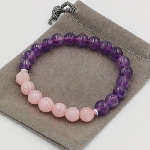 Bracelet perles cristal améthyste naturelle et quartz rose fait main 8 mm. - Photo 1 sur 4