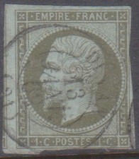 (F205-52) 1853 France 1c One Cent olive Napoleon stamp (BA)