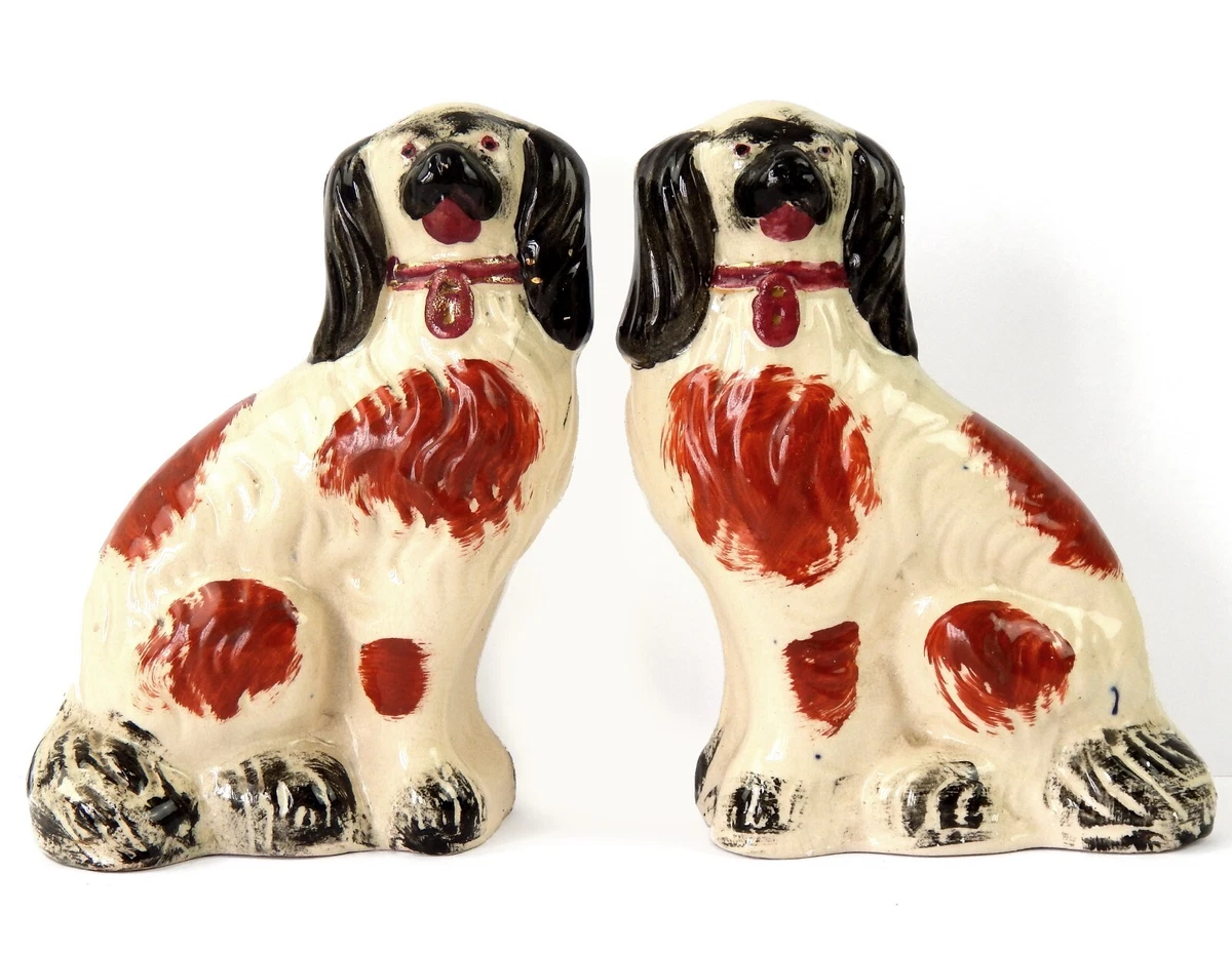 Antique Pair Staffordshire Fireside Wally Dogs 19th Century Victorian Spaniels