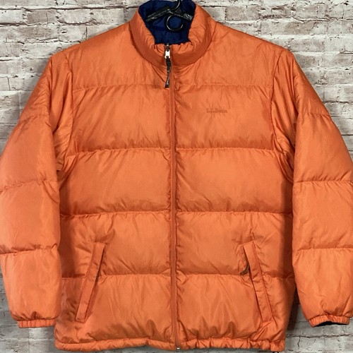 LL Bean Jacket Mens LT Orange Blue Reversible Coat Goose Down Filled Puffer NICE - Picture 6 of 15