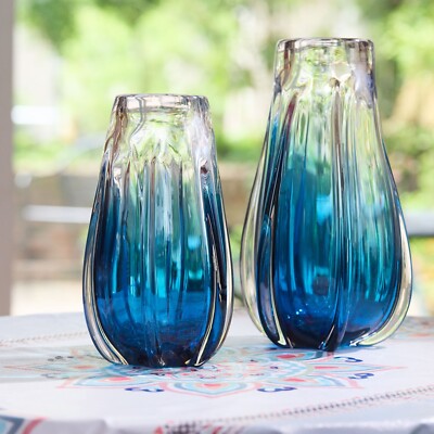 Blue Ombre 10'' Tall Hand Blown Laine Art Glass Vase