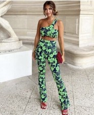 ZARA Women  s S 2 Pcs Set Pants Crop Top Green Blue Jacquard Floral Print NEW