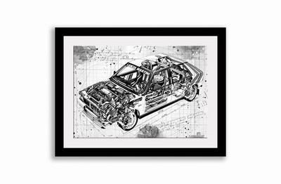 Line Tech Zeichnung Lancia Delta HF 4WD Gruppe A klassischer Schnitt Kunst Poster Druck