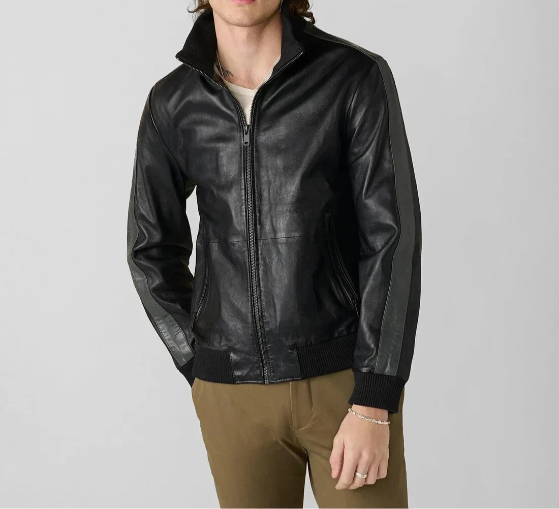 Mens Genuine Lambskin Black Leather Bomber Jacket classic Punk Style Vintage NEW