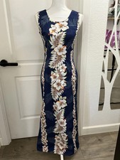 NWOT KY s Hawaii Vintage Hawaiian Hibiscus Navy Blue Long Maxi Dress, Size Small