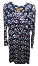 Tory Burch 100% Silk Small Black/Purple Diamond Heart Long Sleeve Midi Dress  