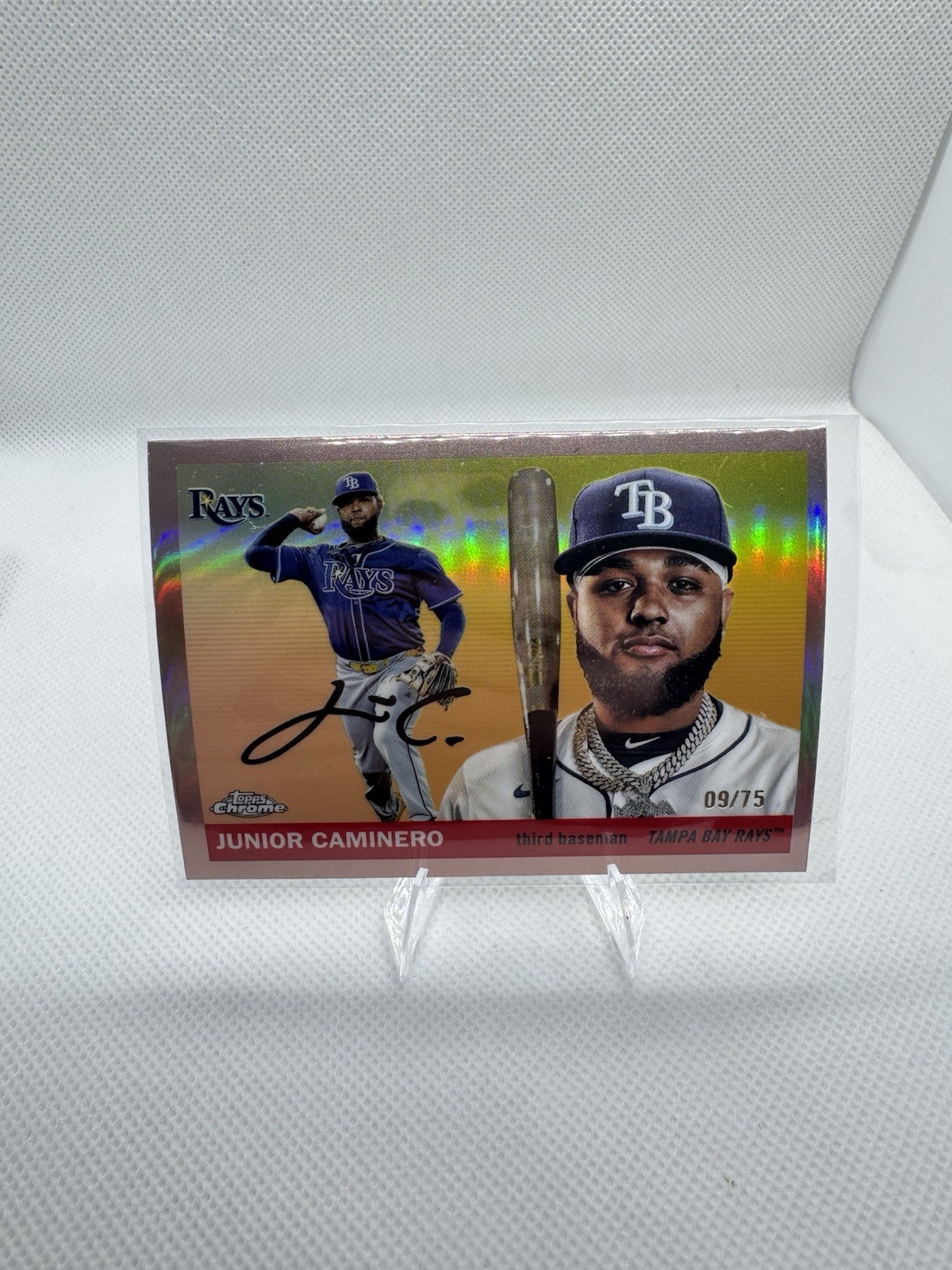 2025 Topps Chrome Platinum Junior Caminero True Rose Gold Refractor 09/75 Rays