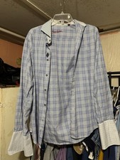 Robert Graham Blue Plaid Button Up Shirt Mens 15.5 39 Flip Cuff Cotton