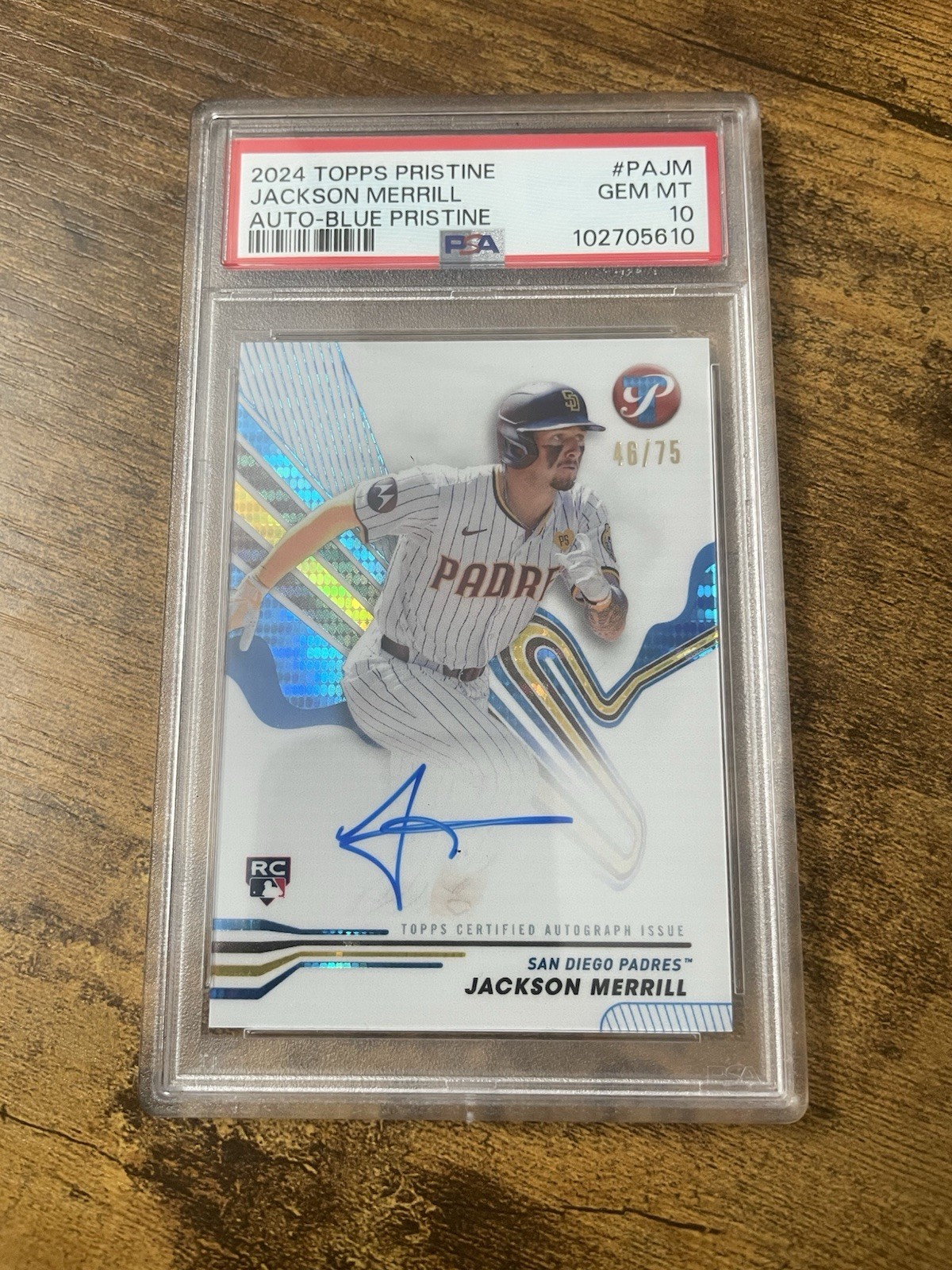 JACKSON MERRILL 2024 TOPPS PRISTINE ROOKIE AUTO AUTOGRAPH RC BLUE #/75 PSA 10