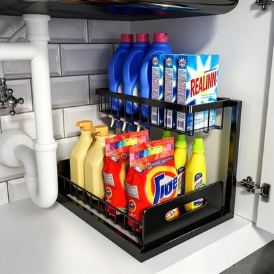 L-Shaped Pull Out Under Sink Organizer for Kitchen Cabinet, 2-Tier