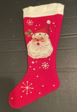 Vintage Needlepoint Santa Claus Stars Red Background Wool Felt Top
