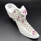 Vintage Fenton Art Glass Hobnail White Cat Shoe Hand Painted Flowers Signed