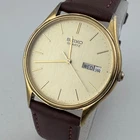 Vintage Seiko Quartz Watch 6533-8019 Men Gold Tone Leather Analog New Battery
