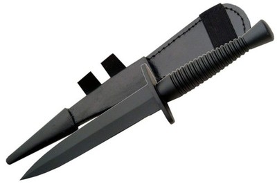 SZCO Supplies 1125 British Style Black Commando Knife with Leather Sheath