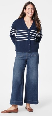 NWT SPANX AirEssentials Navy White Striped Button Down Cardigan Size Large