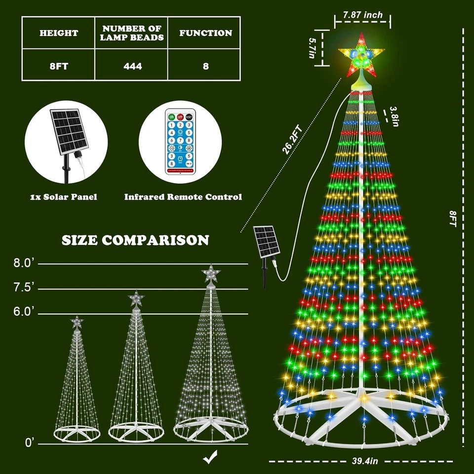 Cono de Navidad LED solar de 8 pies árbol 444 luces estrella topper temporizador remoto multicolor Foto 2 de 4