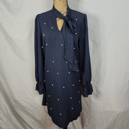 SHEIN Size XL Navy Blue "Clasi" Bow Knot Tie Collar Faux Pearl Embellished Dress