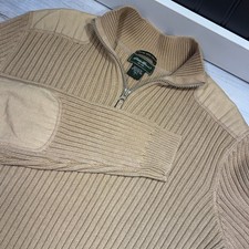Eddie Bauer Ribbed Knit Military Field Sweater 1/4 Zip LT Tan Hunting Fisherman