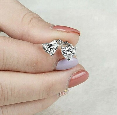 2.00 Ct Heart Shape FL/D Lab Created Solitaire Stud Earrings 14K White Gold 7mm