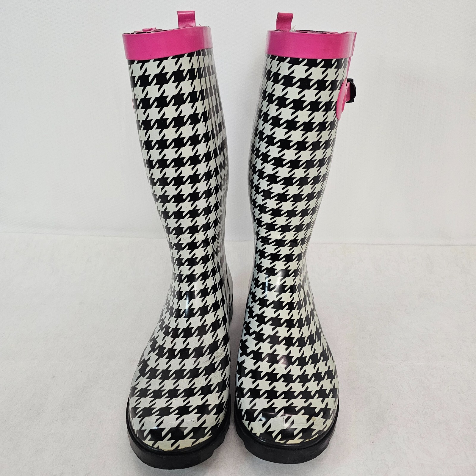 Capelli New York Women's Rain Boot Wellingtons Houndstooth Sz 10 Pink Trim
