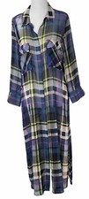 Vince Camuto Sz Small Sheer Navy Plaid Long Sleeve Midi Shirt Dress Classic